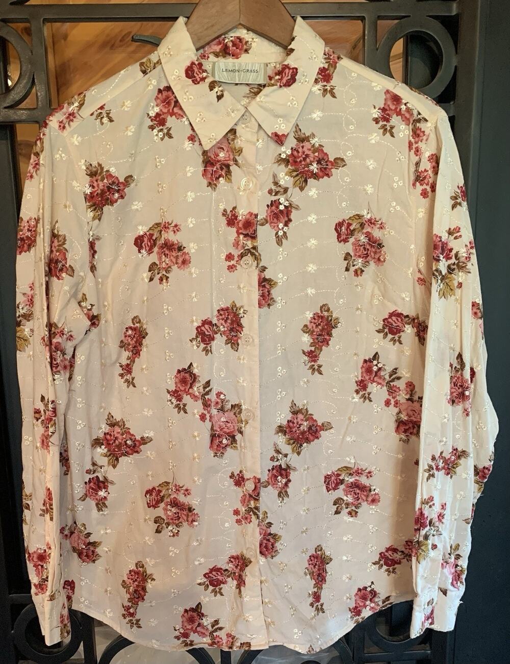 Vintage Lemon Grass Studio Floral Blouse 100% Cotton Gold Embroidery Rose L